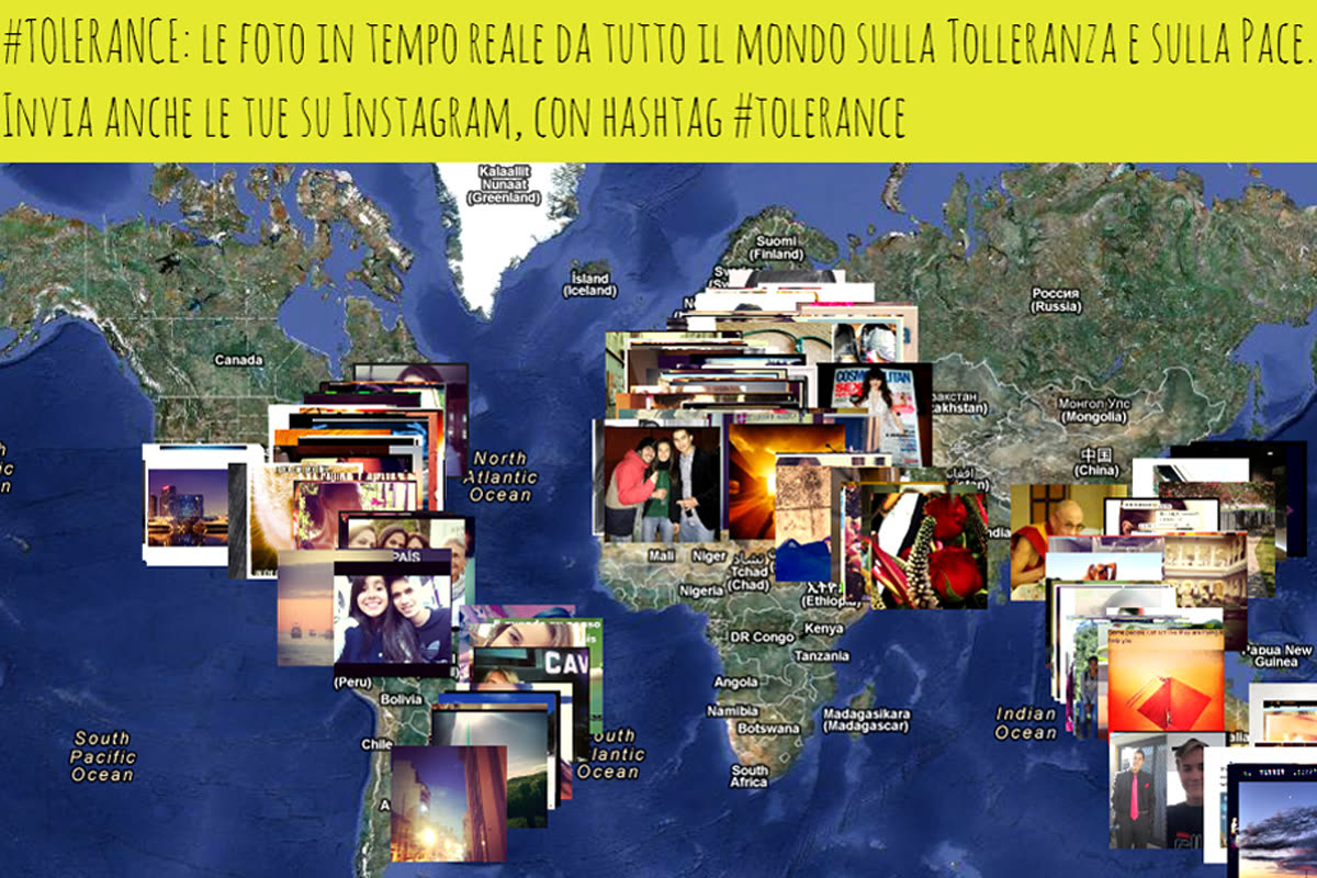 Mappa mondiale della parete digitale #TOLERANCE con foto in tempo reale da tutto il pianeta