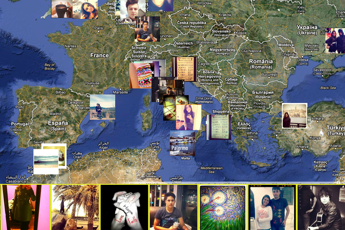Parete digitale con mappa dell'Europa costellata di foto e post degli utenti da Instagram