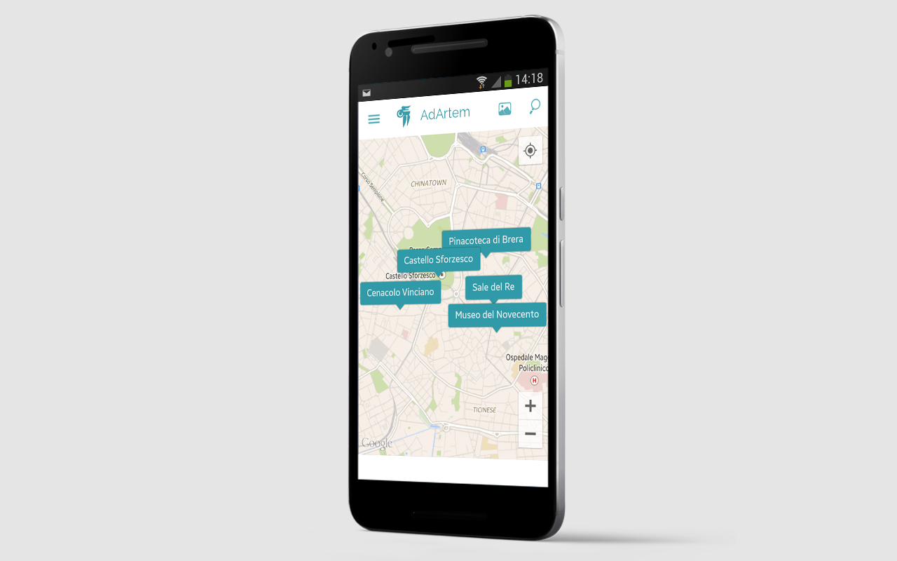 Ad Artem: smartphone con l'app aperta sulla mappa dei luoghi culturali di Milano
