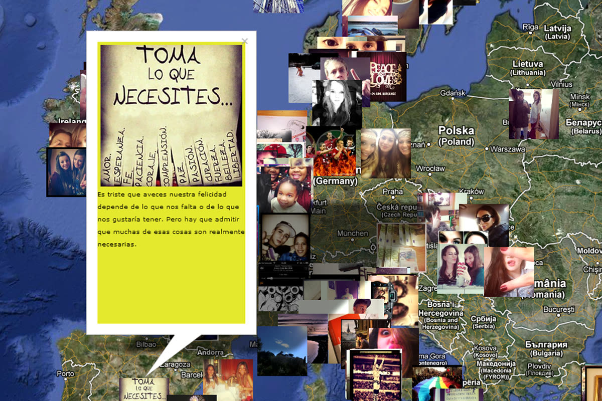Muro digitale interattivo con collage di foto sull'Europa centrale e messaggio utente in evidenza