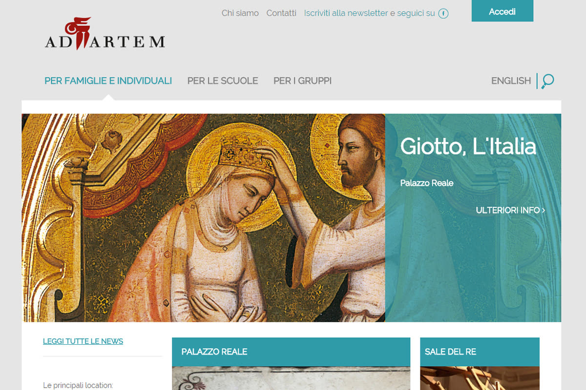 Ad Artem: home page della piattaforma web con banner della mostra Giotto a Palazzo Reale