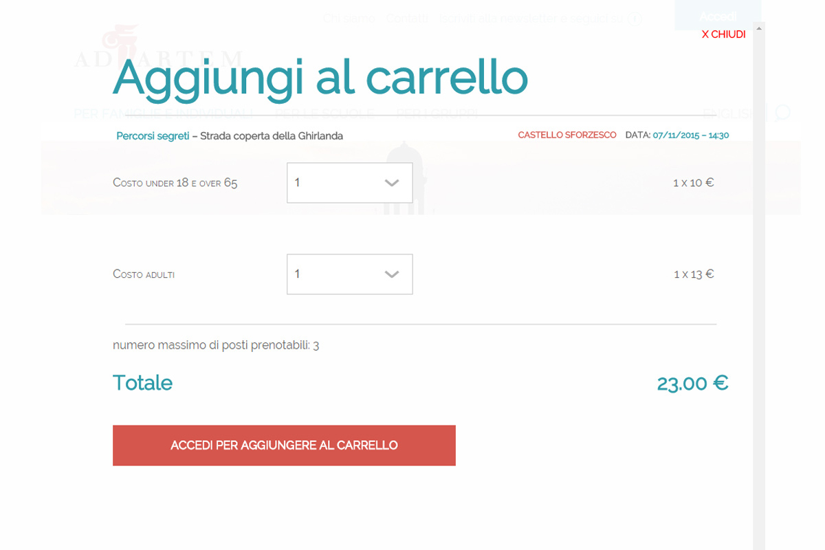 Ad Artem: pagina web di acquisto con aggiunta al carrello di una visita al Castello Sforzesco