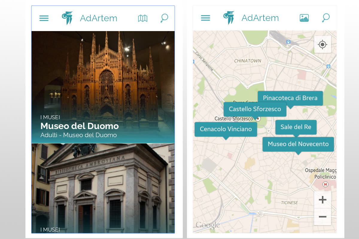 Ad Artem: schermate dell'app con catalogo dei musei e mappa dei luoghi a Milano