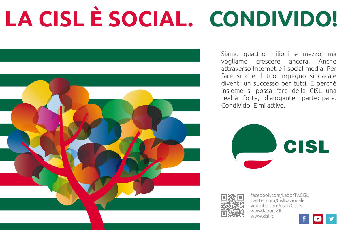 Grafica campagna CISL "La CISL è social. Condivido!" con albero di fumetti colorati