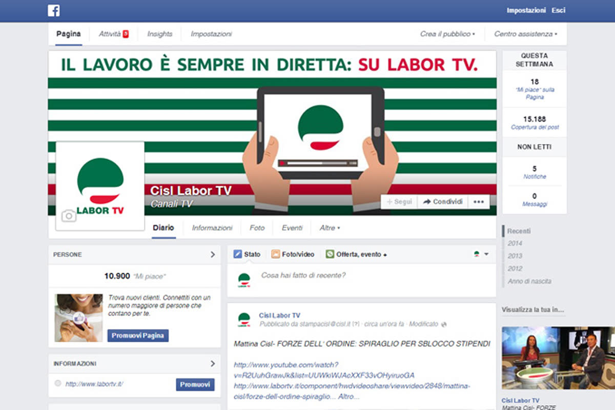 Schermata della pagina Facebook "Cisl Labor TV" con copertina e statistiche di pagina