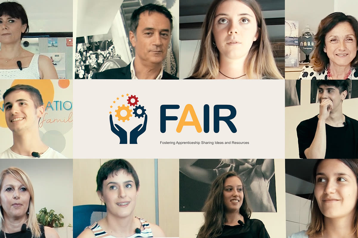 Titolo del progetto FAIR con volti degli intervistati attorno al logo