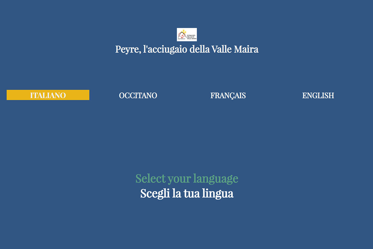 Schermata di scelta lingua del libro digitale di Peyre l'acciugaio