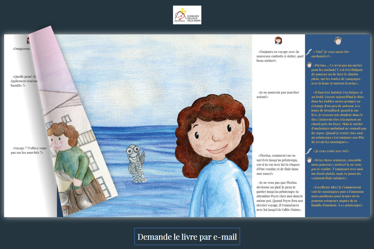 Pagina del libro digitale di Peyre l'acciugaio, bambina e acciuga in riva al mare