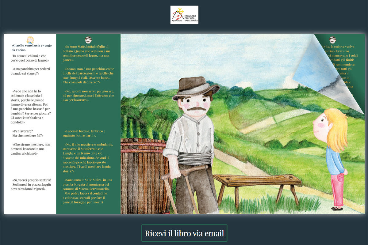 Pagina del libro digitale del bottaio Mate con botte e bambina tra le colline