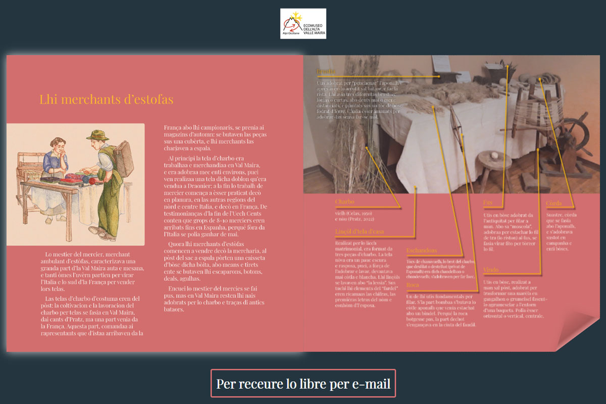 Pagina editoriale in occitano sui mercanti di stoffe con illustrazione e strumenti del mestiere