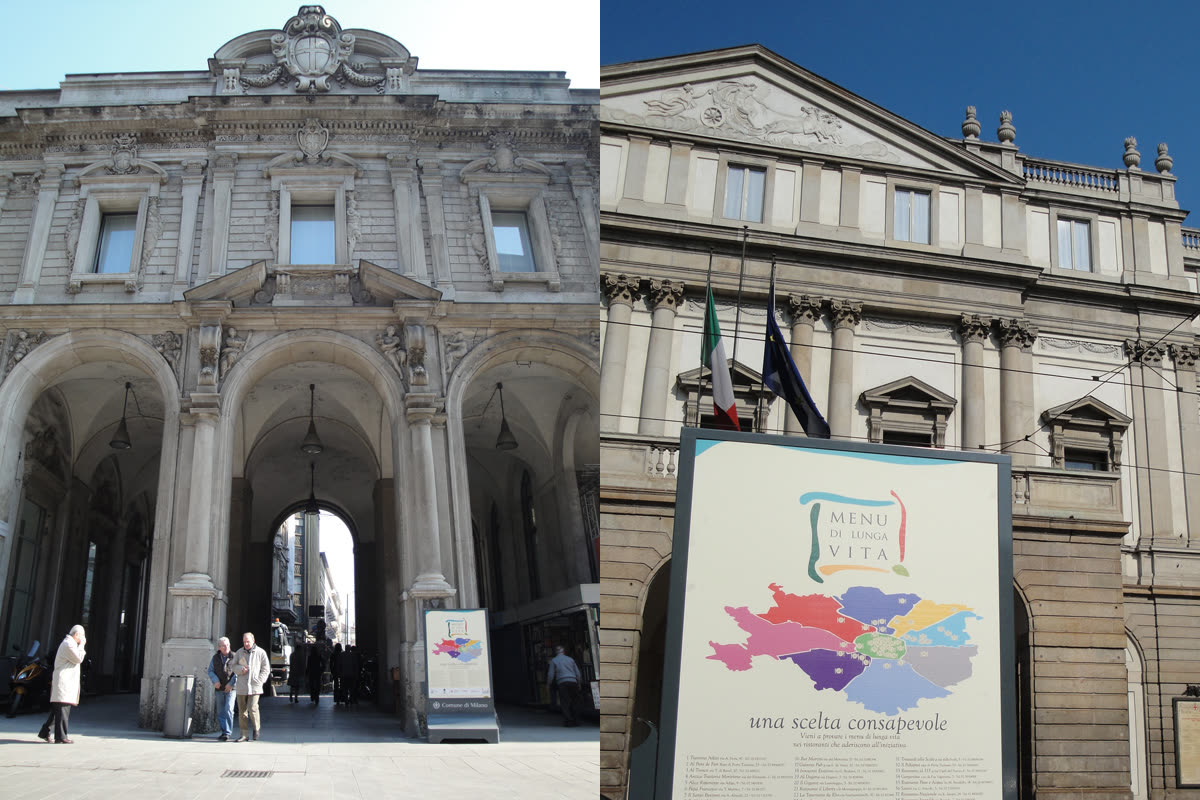Poster Menu di Lunga Vita sotto un portico e affissione davanti al Teatro alla Scala