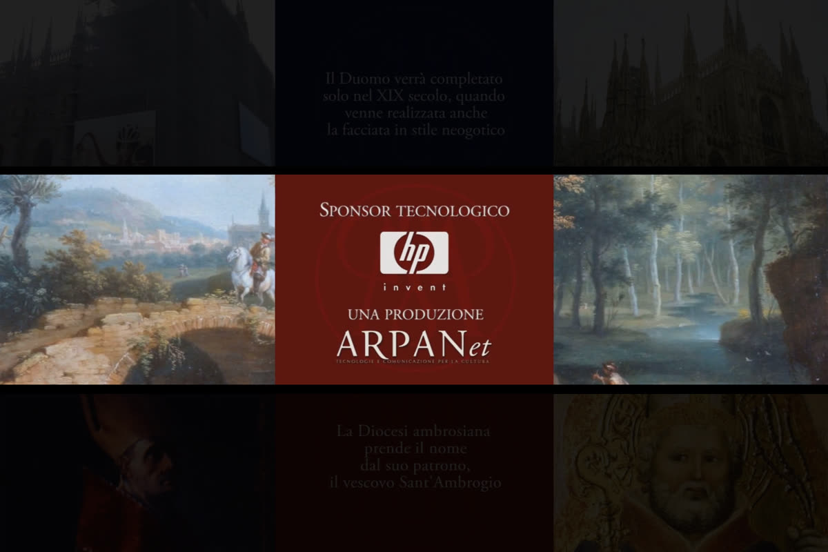 Multivisione con dipinti di paesaggio e i crediti dello sponsor HP e della produzione ARPANet