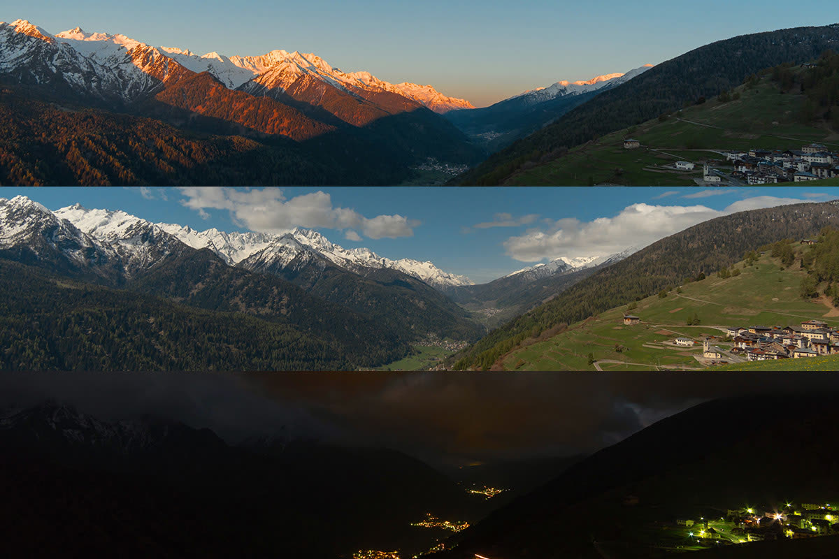 Panoramica in time-lapse della Val di Sole al tramonto, di giorno e di notte
