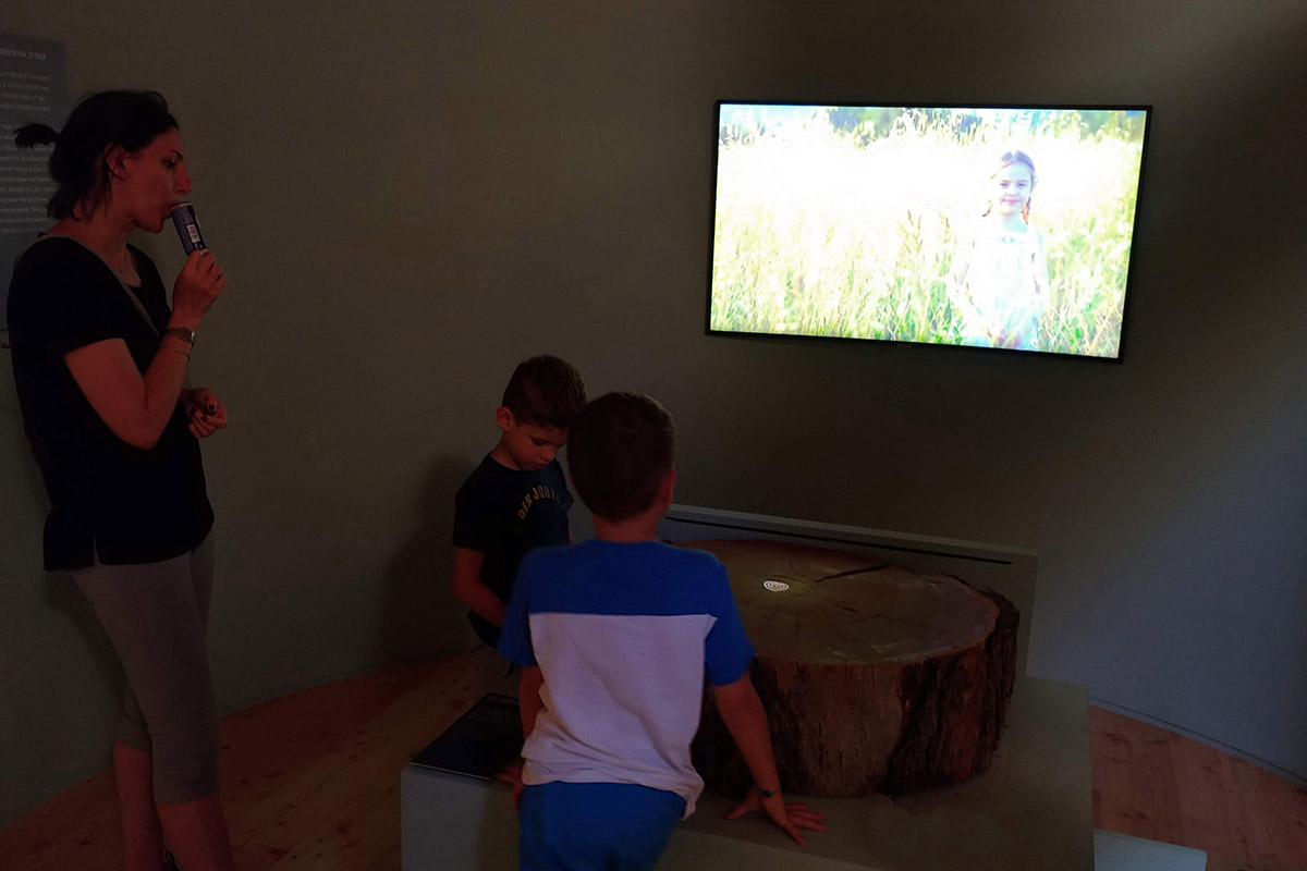 Visitatrice con audioguida e due bambini davanti al tronco di larice interattivo